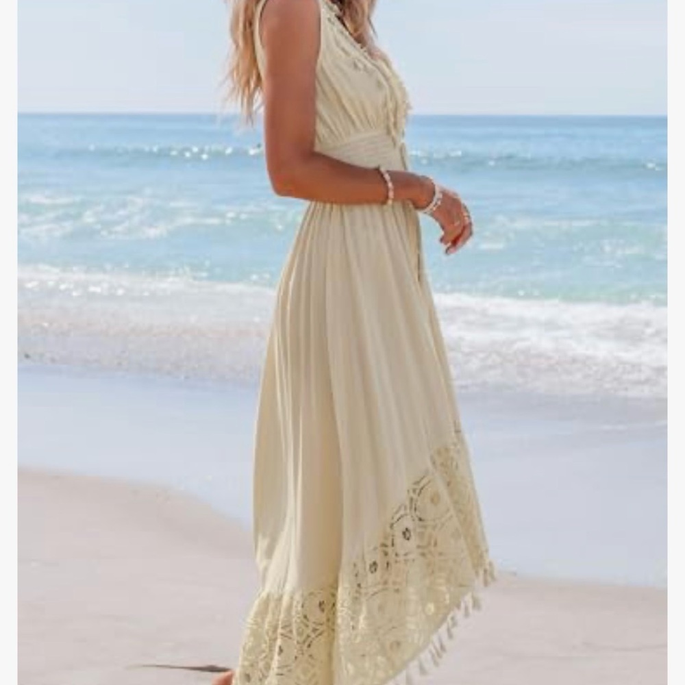 NWT Cupshe Boho Lace Trim Asymmetrical High-Low Sundress V-Neck - Picture 3 of 12